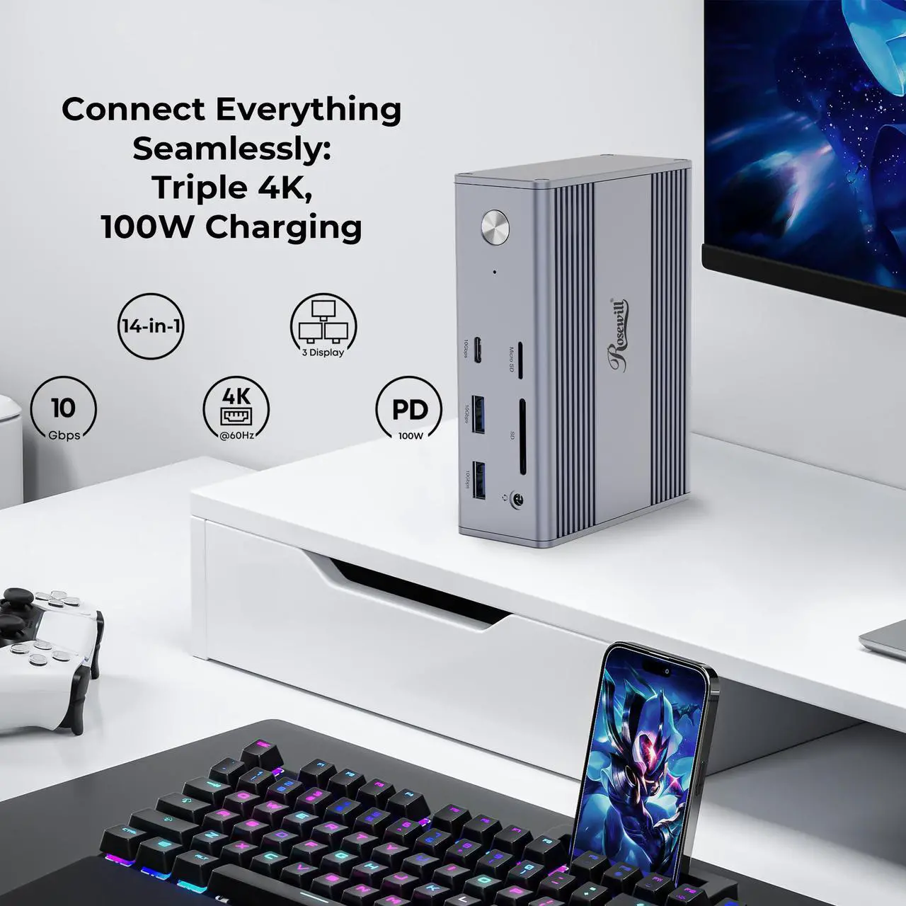 Open Box: Rosewill 14-in-1 USB C Laptop Docking Station with 100W PD Charging, 4K@60Hz Display, Triple 4K Display,10Gbps Data Transfer & Kensington Lock, Windows, Mac, Android - RHUB-M14 - Newegg.com - Open Box condition - Image 8