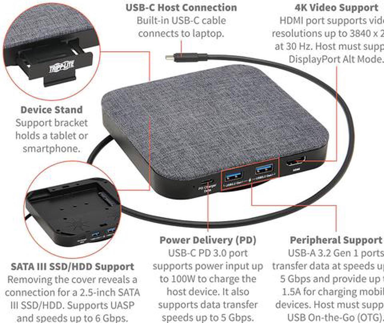 Alt view image 5 of 8 - USB-C Dock, Single Display - 4K HDMI, USB 3.2 Gen 1, USB-A/USB-C Hub, SATA III, 100W PD Charging, Gray