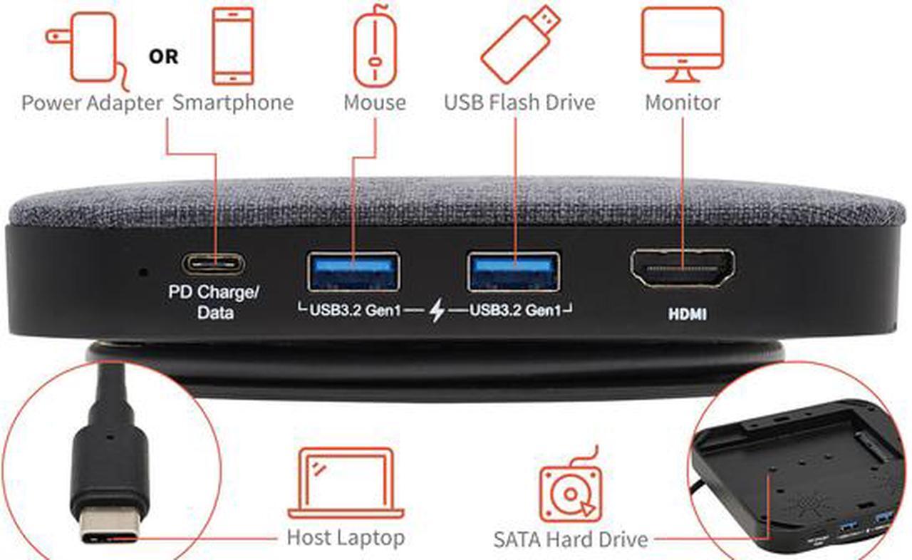 Alt view image 4 of 8 - USB-C Dock, Single Display - 4K HDMI, USB 3.2 Gen 1, USB-A/USB-C Hub, SATA III, 100W PD Charging, Gray