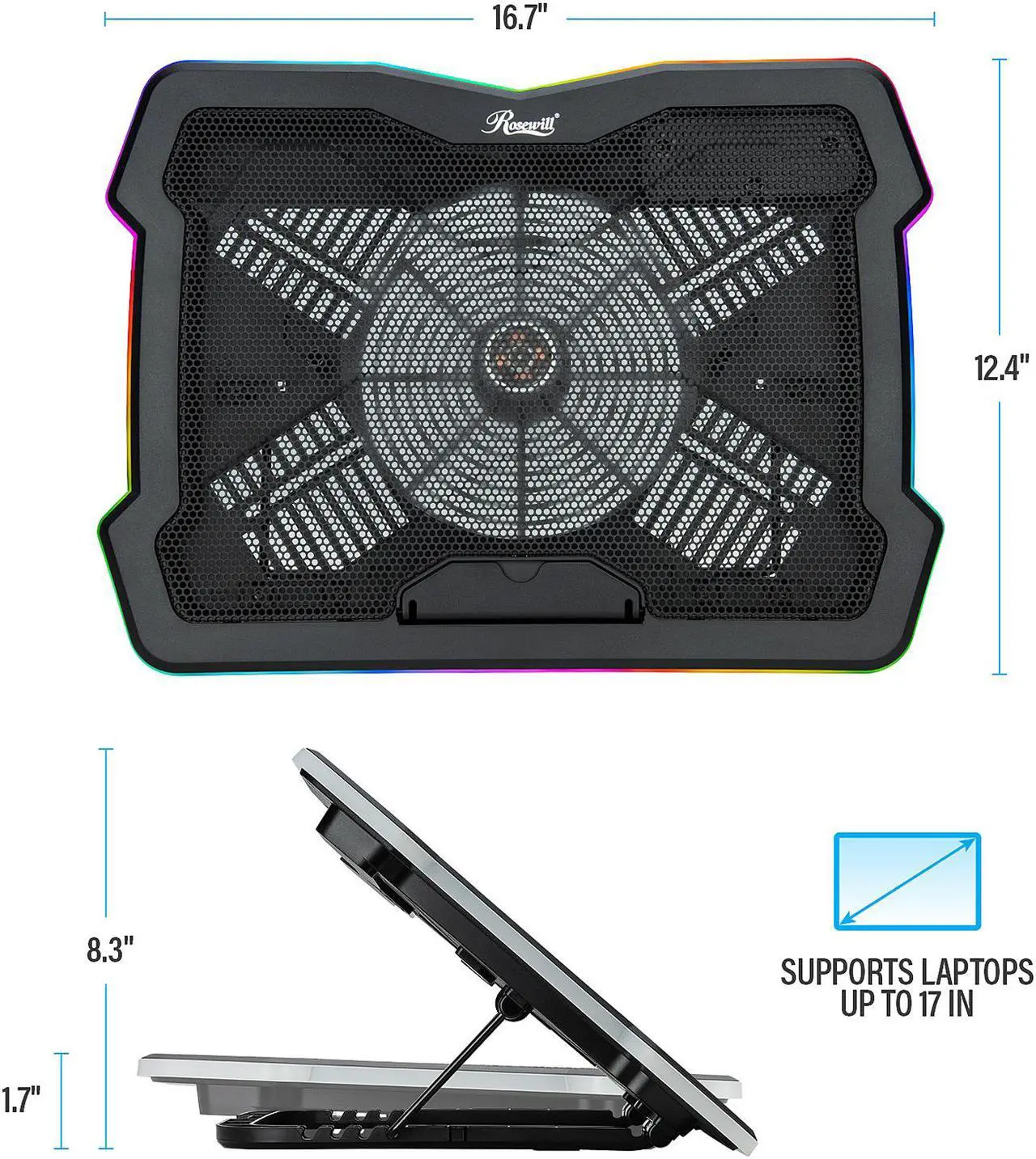 Alt view image 6 of 8 - Rosewill RGB Laptop Cooling Pad, Gaming Laptop Cooler for 17 Inch Laptops, Big Quiet Fan, Adjustable Angles, Lighting Modes, Fan Speed Modes - (RWNB17B)