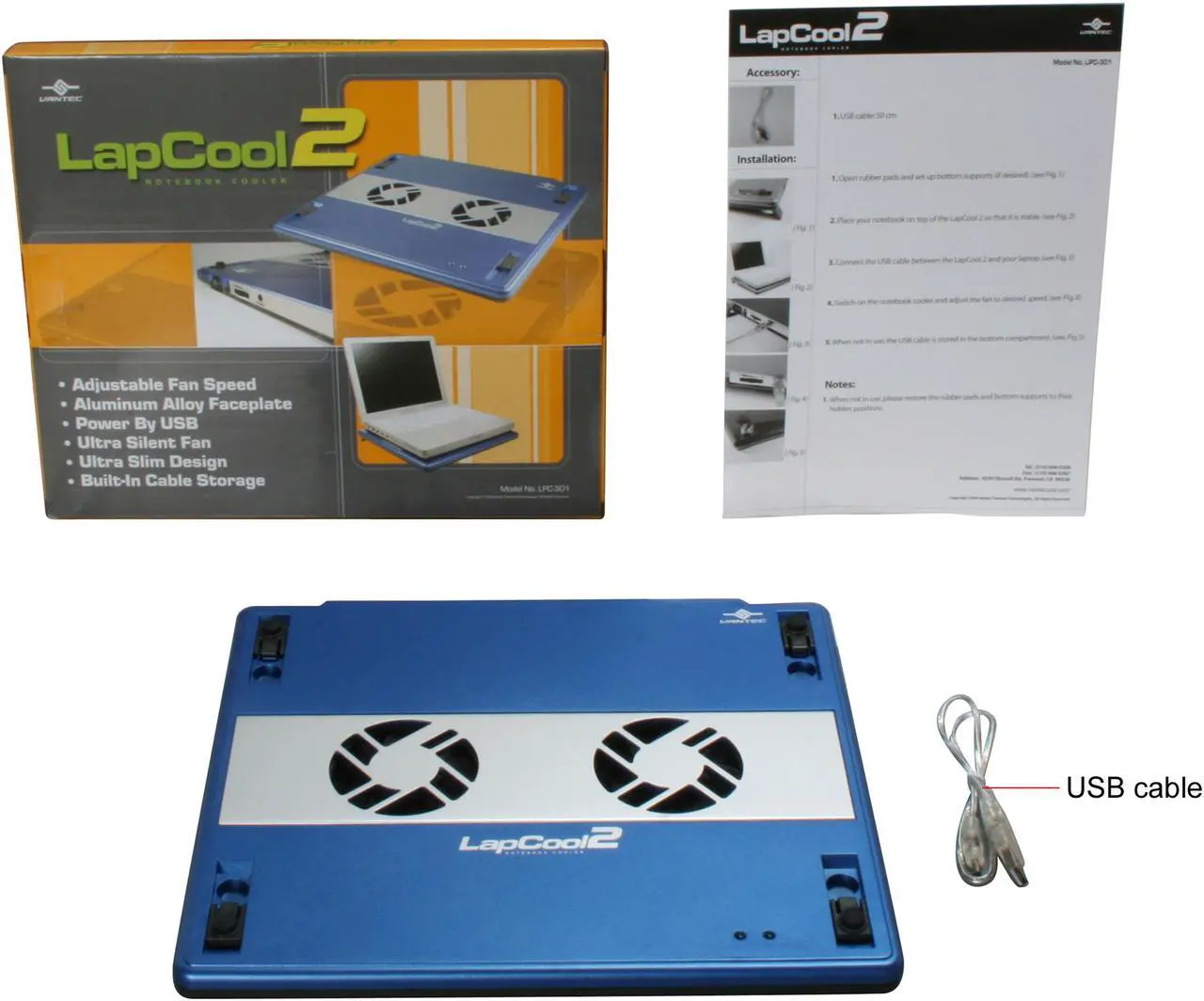 Alt view image 6 of 6 - VANTEC LapCool 2 Notebook Cooler with Dual Adjustable Speed Fans LPC-301