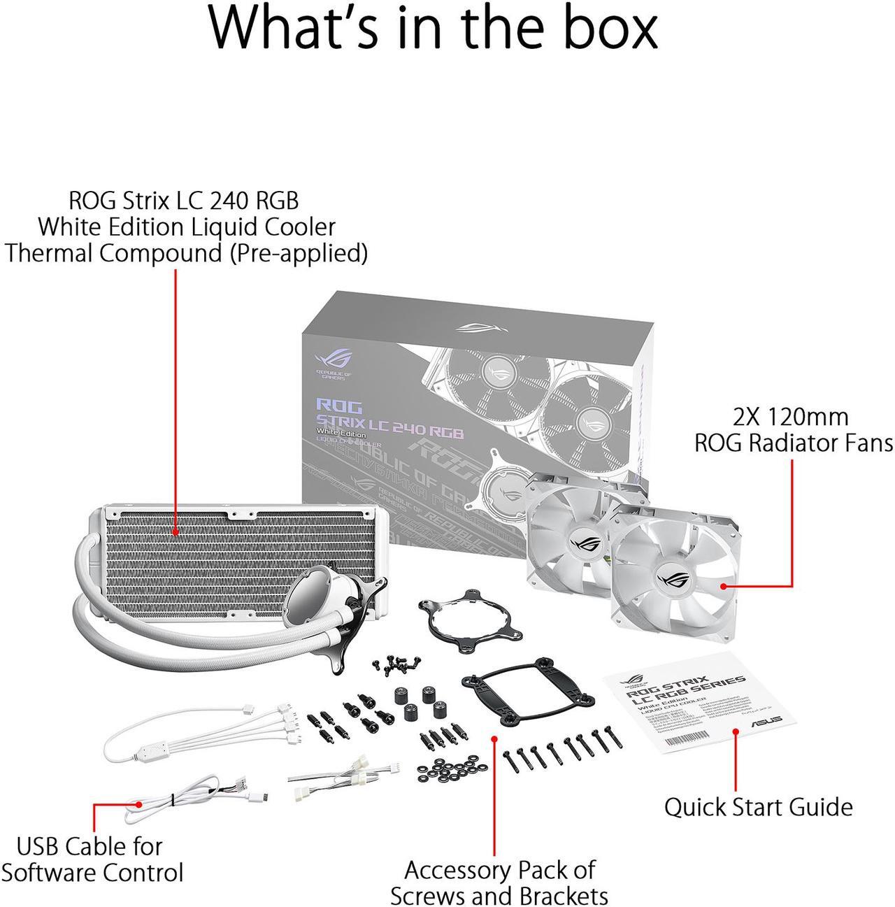Alt view image 11 of 11 - ASUS ROG Strix LC 240 RGB White Edition All-in-one Liquid CPU Cooler with Aura Sync RGB, and Dual ROG 120mm Addressable RGB Radiator Fans LGA 1700 Compatible