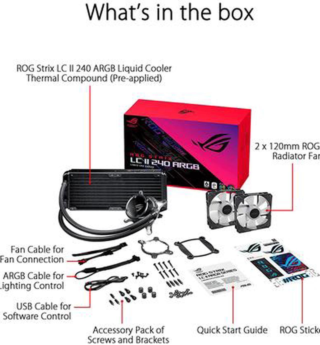 Alt view image 4 of 4 - ROG Strix LC II 240 ARGB All-in-one Liquid CPU Cooler with Aura Sync, Intel LGA 1150/1151/1155/1156/1200/2066 and AMD AM4/TR4 Support and Dual ROG 120 mm Addressable RGB Radiator Fans