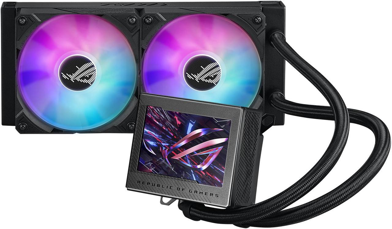 ASUS ROG Ryujin III 240 ARGB all-in-one liquid CPU cooler with 240mm radiator. Asetek 8th gen pump, 2x magnetic 120mm ARGB fans (Daisy Chain design), 3.5” LCD display