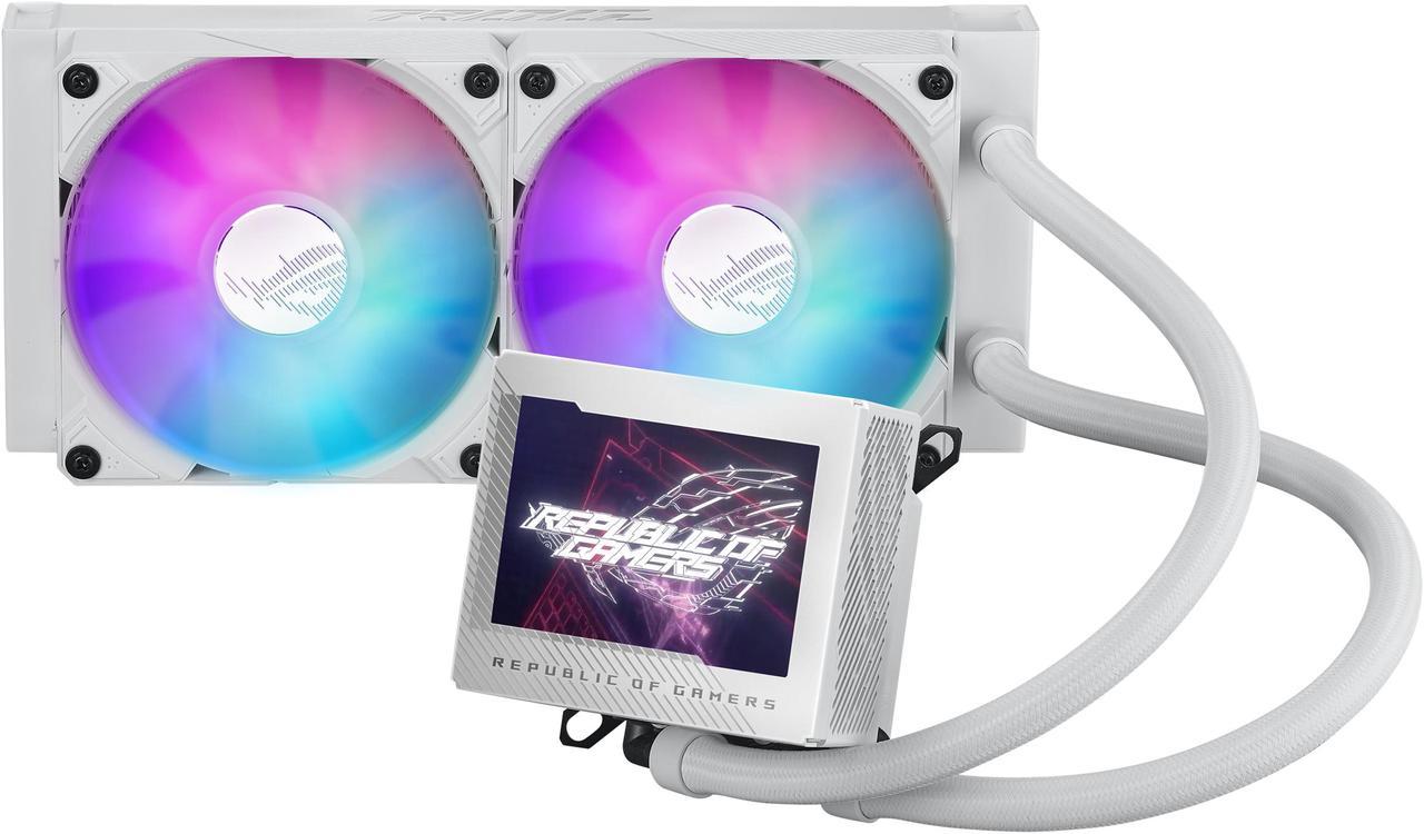 ASUS ROG Ryujin III 240 ARGB WHT all-in-one liquid CPU cooler with 240mm radiator. Asetek 8th gen pump, 2x magnetic 120mm ARGB fans (Daisy Chain design), 3.5” LCD display