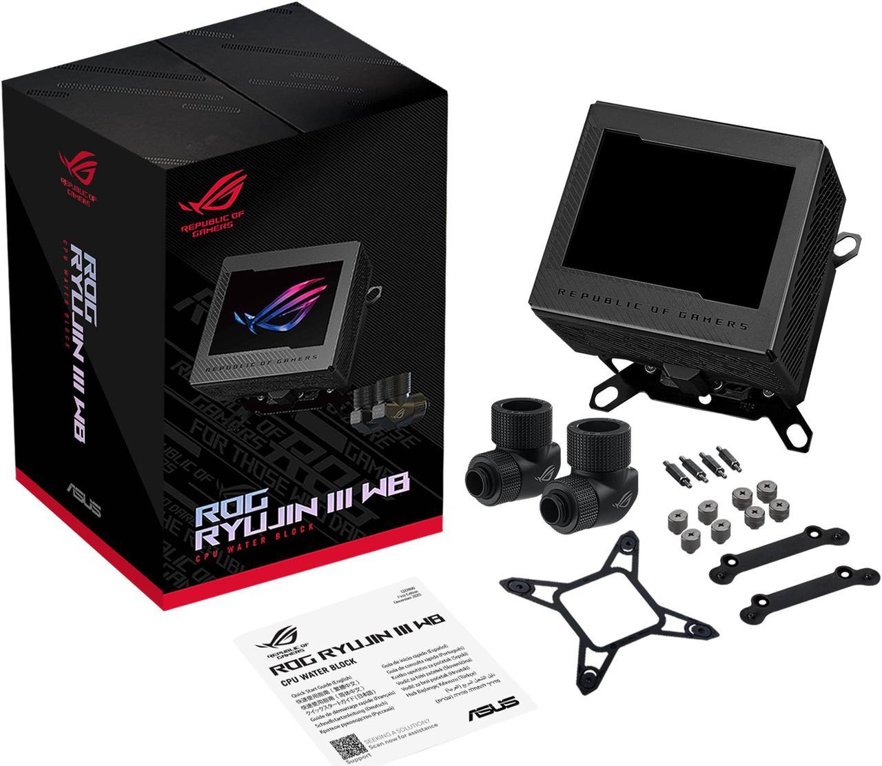 ASUS ROG RYUJIN III WB CPU Water Block - Intel LGA 1700, 1200, 115X - AMD Socket AM4, AM5 - Asetek Copper Cold Plate - Black - 178 Micro-Cooling Fins - 3.5 Inch Full Color LCD Display - Embedded VRM Fan - ROG Fittings