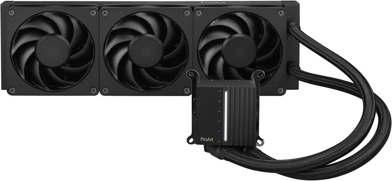 Main image of ASUS ProArt LC 360 all-in-one AIO CPU liquid cooler AMD AM4 AM5 & Intel LGA 1700, 1200, 115X support, with illuminated system status meter and three matte black Alphacool Apex Stealth Metal Power fans