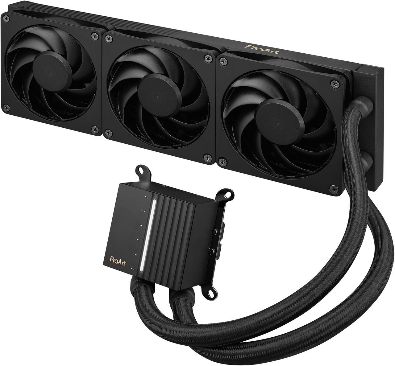 Alt view image 2 of 10 - ASUS ProArt LC 360 all-in-one AIO CPU liquid cooler AMD AM4 AM5 & Intel LGA 1700, 1200, 115X support, with illuminated system status meter and three matte black Alphacool Apex Stealth Metal Power fans