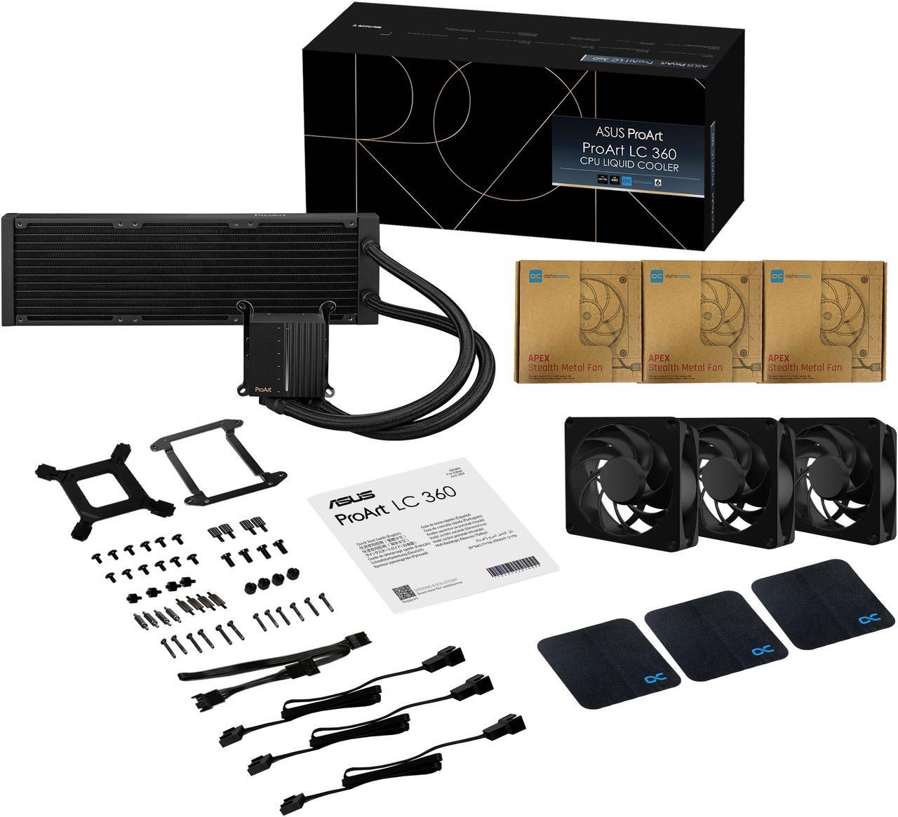 Alt view image 10 of 10 - ASUS ProArt LC 360 all-in-one AIO CPU liquid cooler AMD AM4 AM5 & Intel LGA 1700, 1200, 115X support, with illuminated system status meter and three matte black Alphacool Apex Stealth Metal Power fans