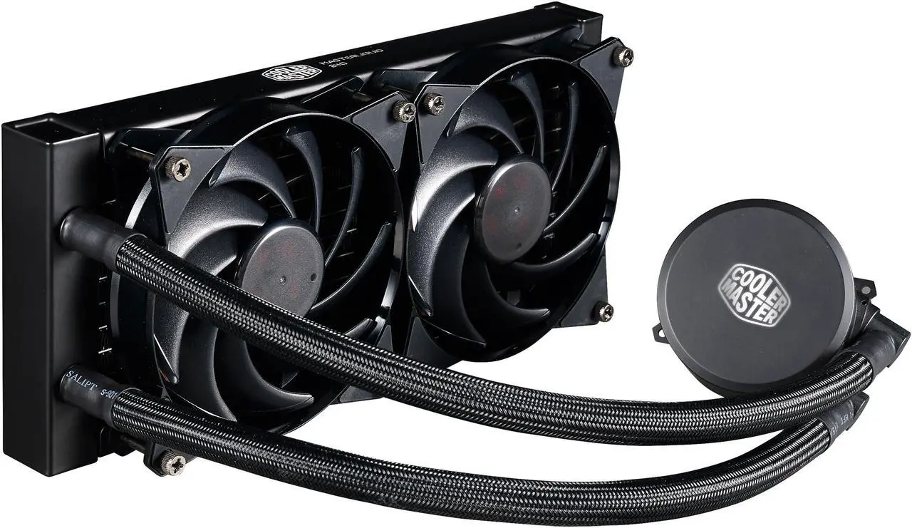 Main image of Cooler Master MasterLiquid 240 AIO CPU Liquid Cooler, White Led Pump, Robust Sleeved FEP Tubing, Dual 120mm Air Balance MF, Dual Chamber Technology