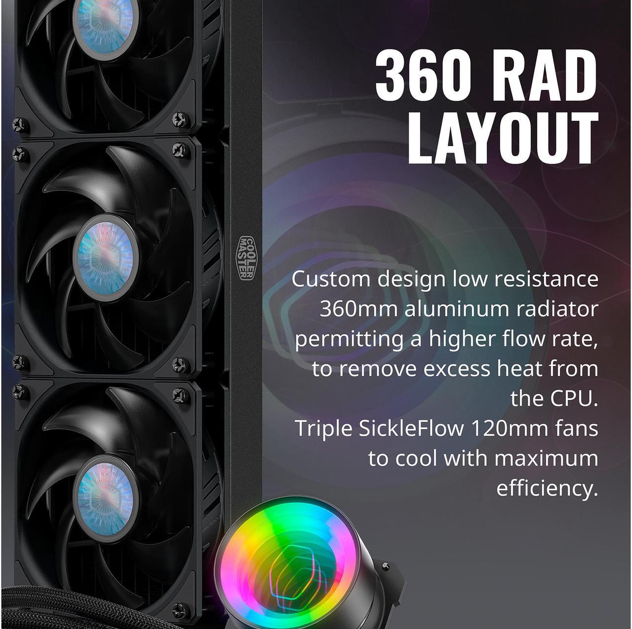 Alt view image 11 of 15 - MasterLiquid ML360 Mirror ARGB Close-Loop AIO CPU Liquid Cooler, Mirror ARGB Pump, 360 Radiator, Triple SickleFlow 120mm, 3rd Gen Dual Chamber Pump for AMD Ryzen/Intel 1200, 1151, LGA 1700 Compatible