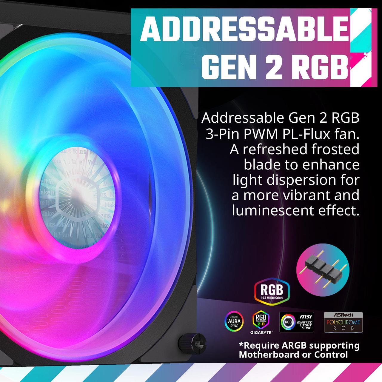 Alt view image 7 of 15 - Cooler Master MasterLiquid PL240 FLUX Close-Loop AIO CPU Liquid Cooler, Dual Chamber Pump, Ceramic Bearing Impeller, Enlarged Copper Base, ARGB PL-Flux 120mm Fans for AMD Ryzen/Intel 1700/1200/1156/1155/1151/1150