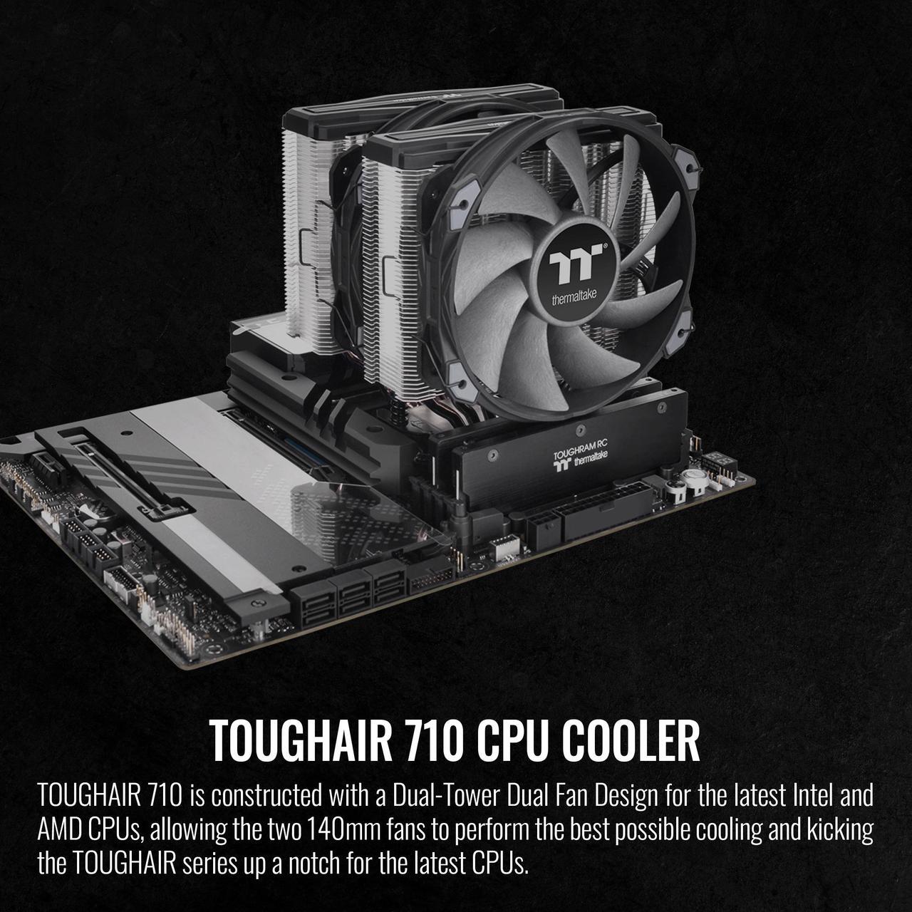 Alt view image 2 of 6 - Thermaltake TOUGHAIR 710 250W TDP CPU Cooler, Intel LGA 1700/1200, AMD AM5/AM4, Dual-Tower Dual Fan Design, Copper base with 7 heat pipes, CL-P110-CA14GM-A