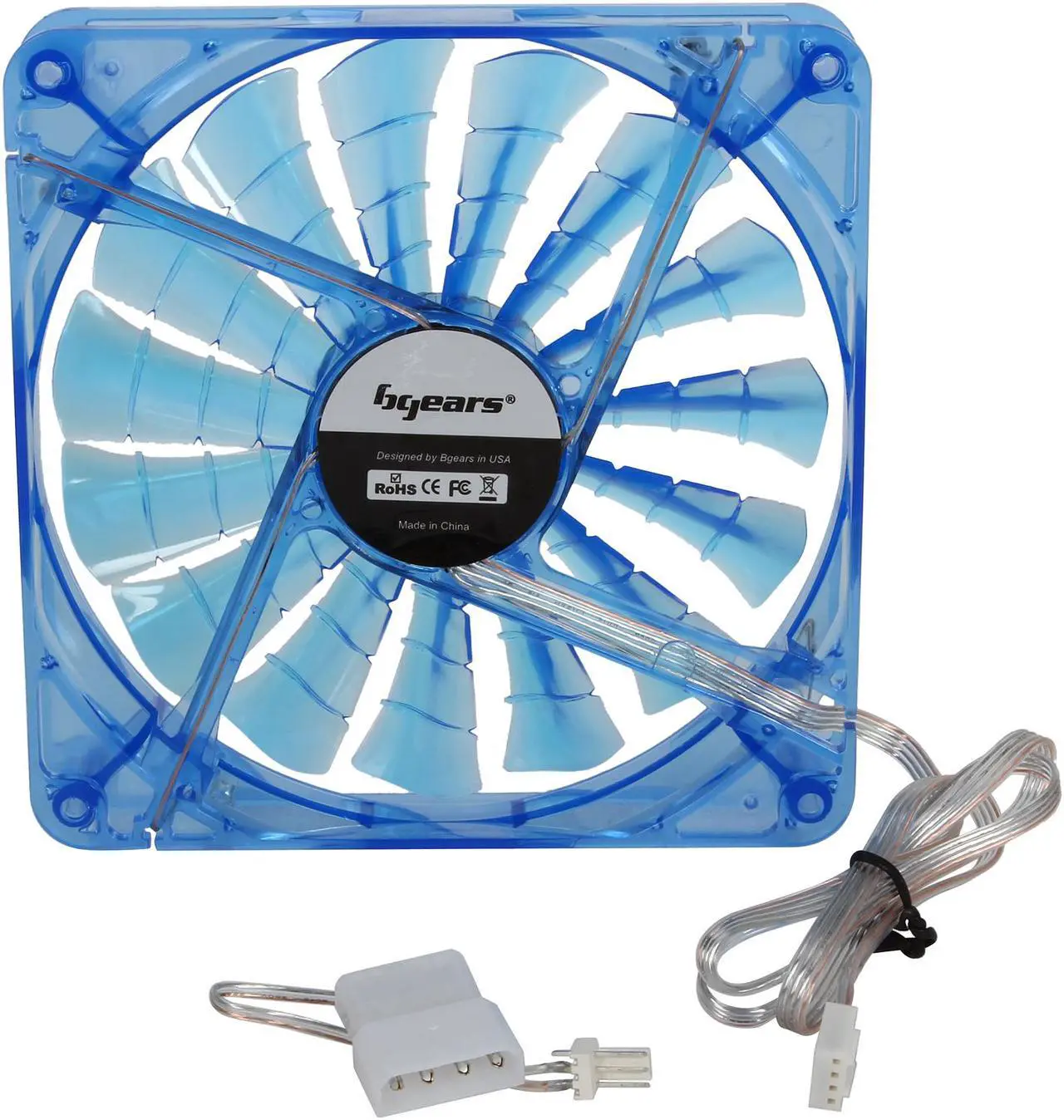 Alt view image 4 of 5 - Bgears b-PWM 140 Translucent Blue with Blue LEDs, 15 Blades 2 Ball Bearing PWM fan with 500 to 1800 RPM, 110 CFM, 35.8dBA