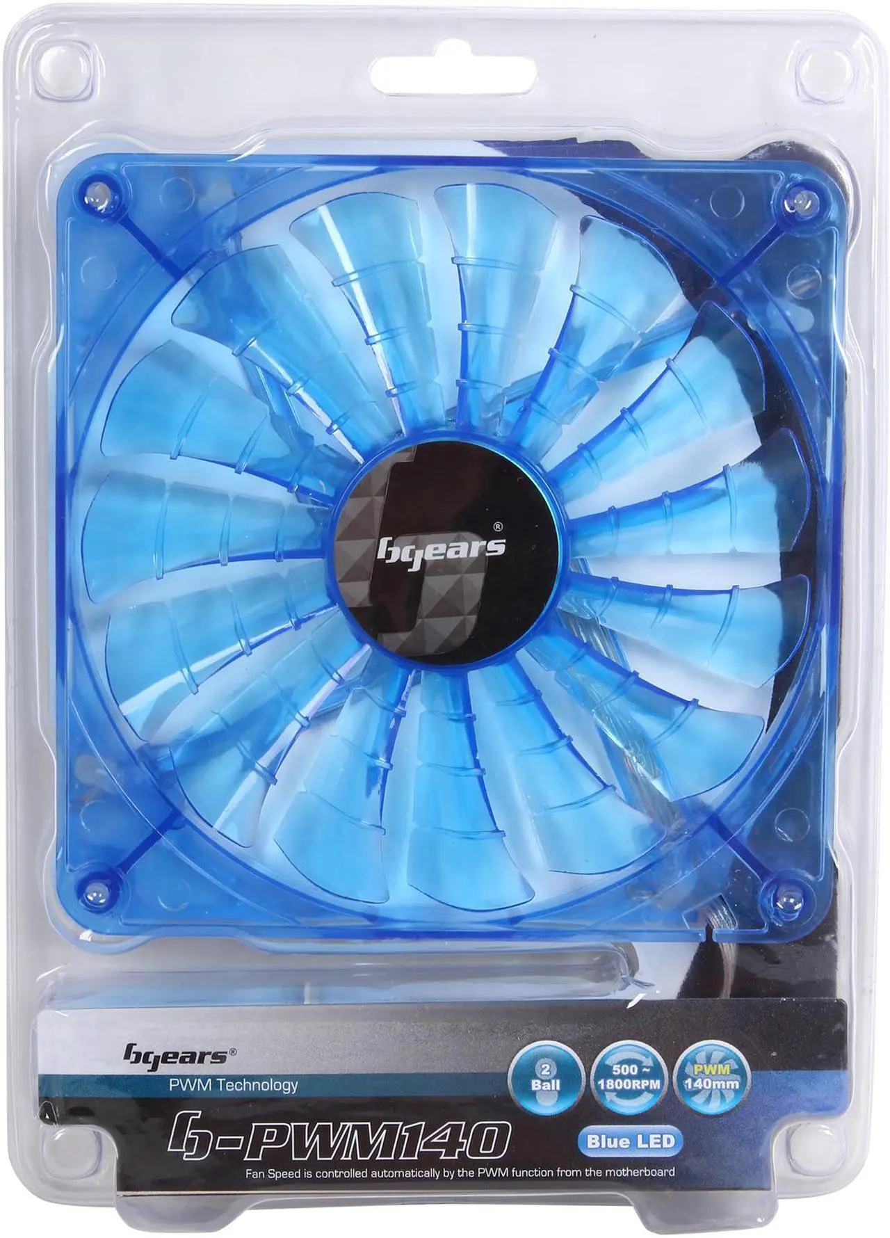 Alt view image 5 of 5 - Bgears b-PWM 140 Translucent Blue with Blue LEDs, 15 Blades 2 Ball Bearing PWM fan with 500 to 1800 RPM, 110 CFM, 35.8dBA