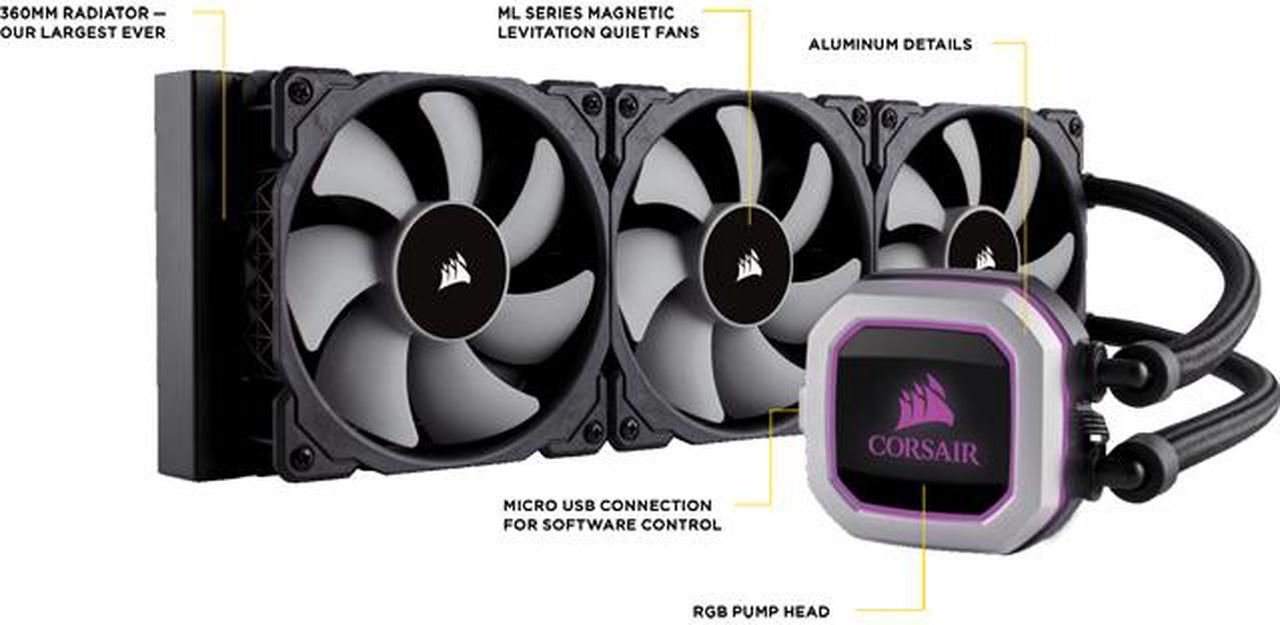 Alt view image 2 of 8 - Corsair Hydro Series, H150i PRO RGB, 360mm. 3 X 120mm ML PWM Fans, Advanced RGB Lighting & Fan Control w/ Software. Liquid CPU Cooler. CW-9060031-WW. Support: Intel 2066, AMD AM4.