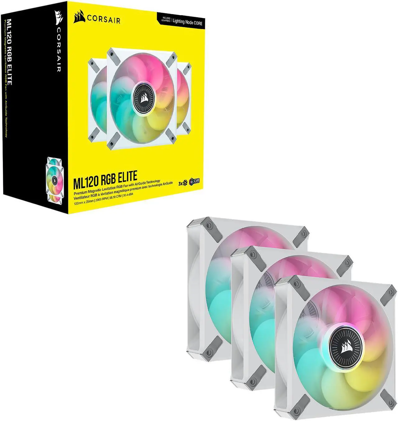 Alt view image 9 of 9 - CORSAIR iCUE ML120 RGB ELITE Premium 120mm PWM Magnetic Levitation Triple Fan Kit with iCUE Lighting Node CORE - White