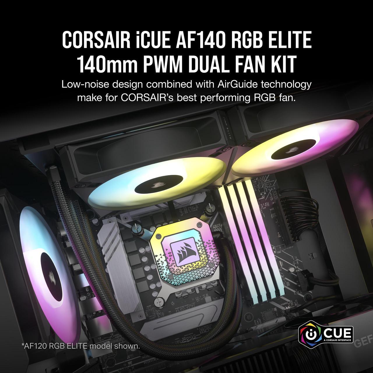 Alt view image 2 of 7 - CORSAIR iCUE AF140 RGB ELITE 140mm PWM Dual Fan Kit - Eight RGB LEDs Per Fan - Included iCUE Lighting Node CORE Controller -  AirGuide Technology