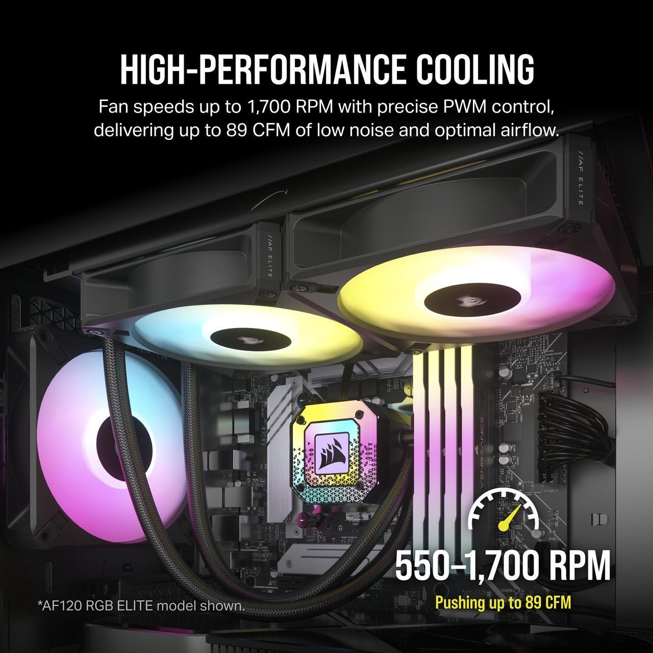 Alt view image 3 of 7 - CORSAIR iCUE AF140 RGB ELITE 140mm PWM Dual Fan Kit - Eight RGB LEDs Per Fan - Included iCUE Lighting Node CORE Controller -  AirGuide Technology