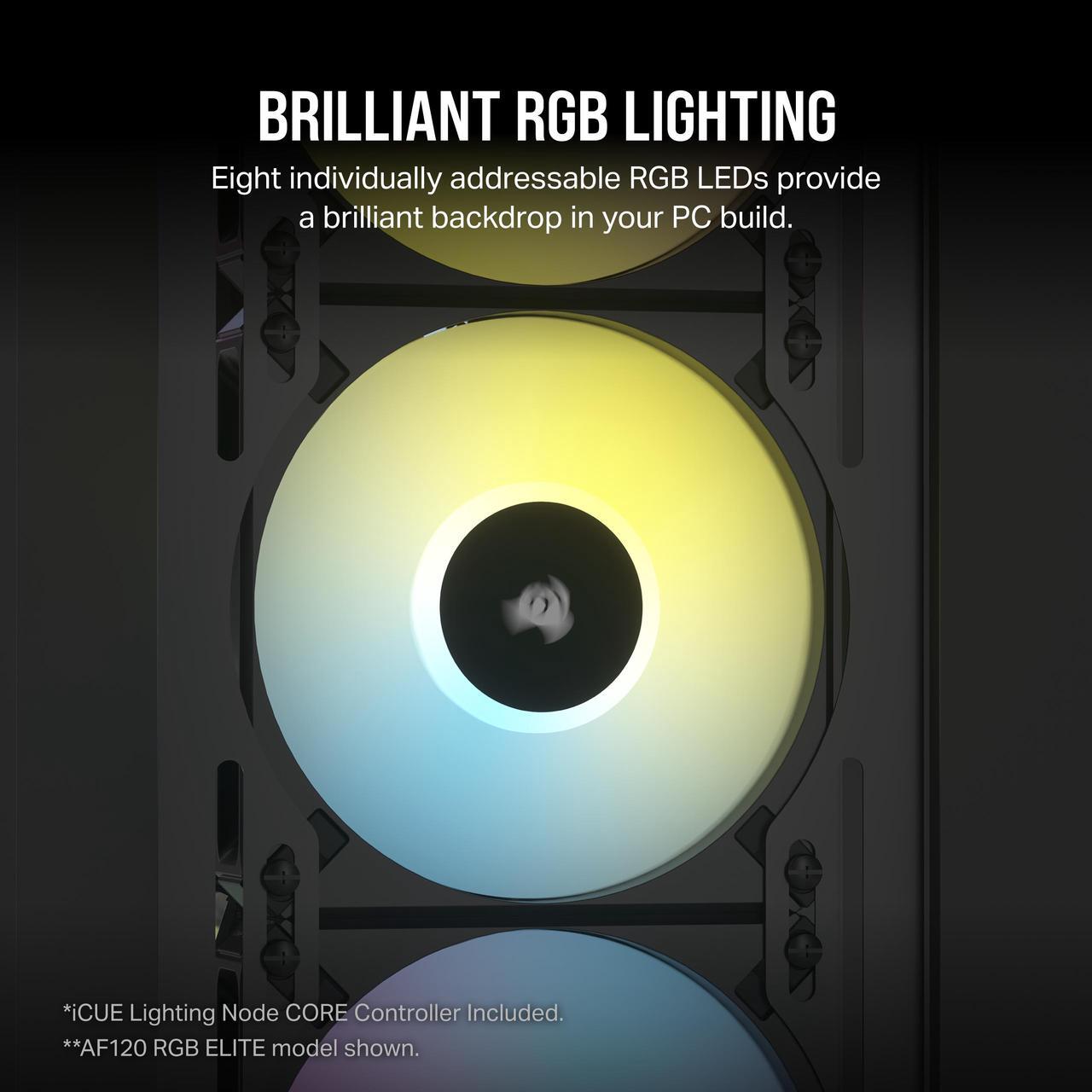 Alt view image 4 of 7 - CORSAIR iCUE AF140 RGB ELITE 140mm PWM Dual Fan Kit - Eight RGB LEDs Per Fan - Included iCUE Lighting Node CORE Controller -  AirGuide Technology
