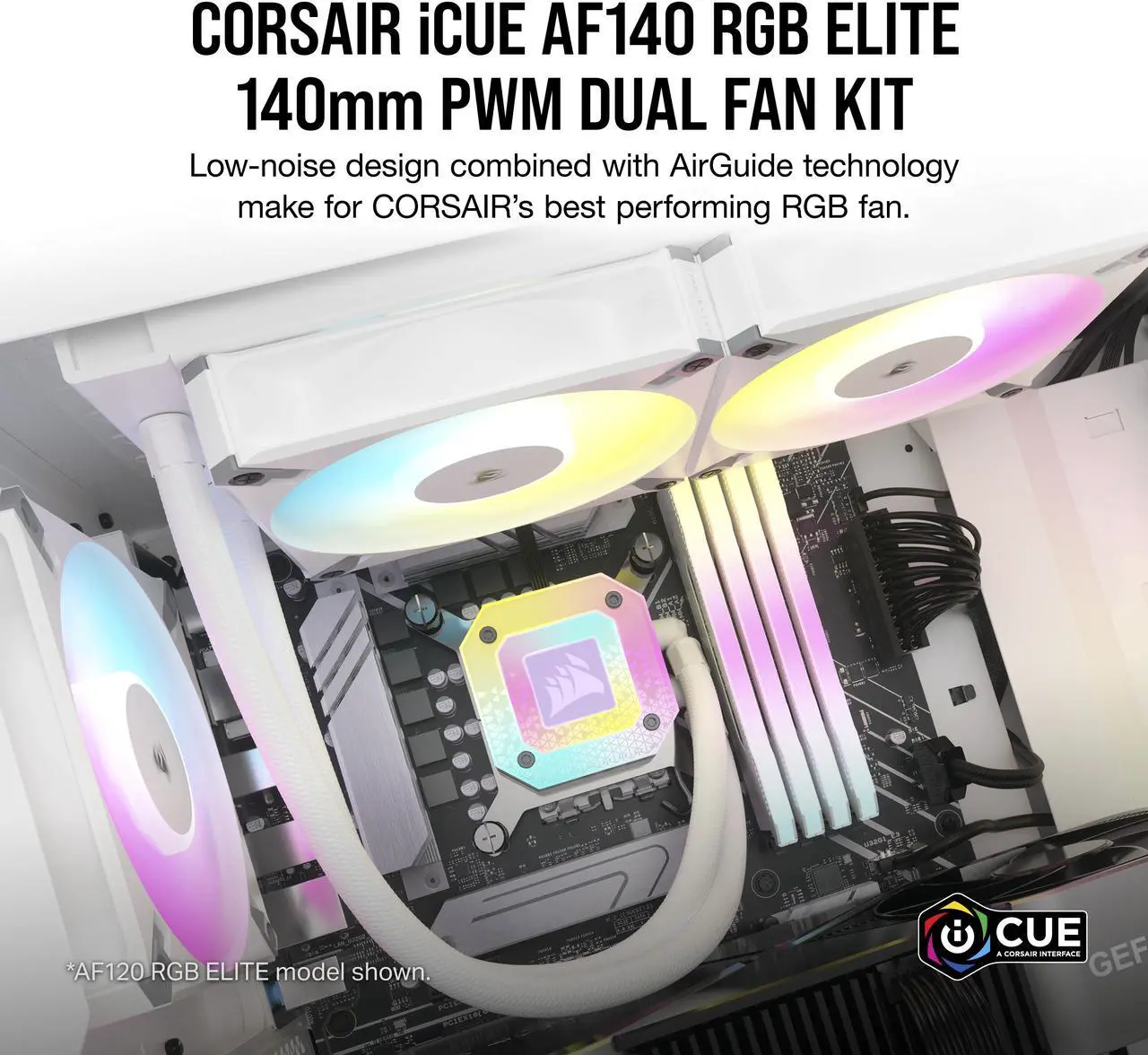 Alt view image 2 of 7 - CORSAIR iCUE AF140 RGB ELITE 140mm PWM Dual Fan Kit - White - Eight RGB LEDs Per Fan - Included iCUE Lighting Node CORE Controller -  AirGuide Technology