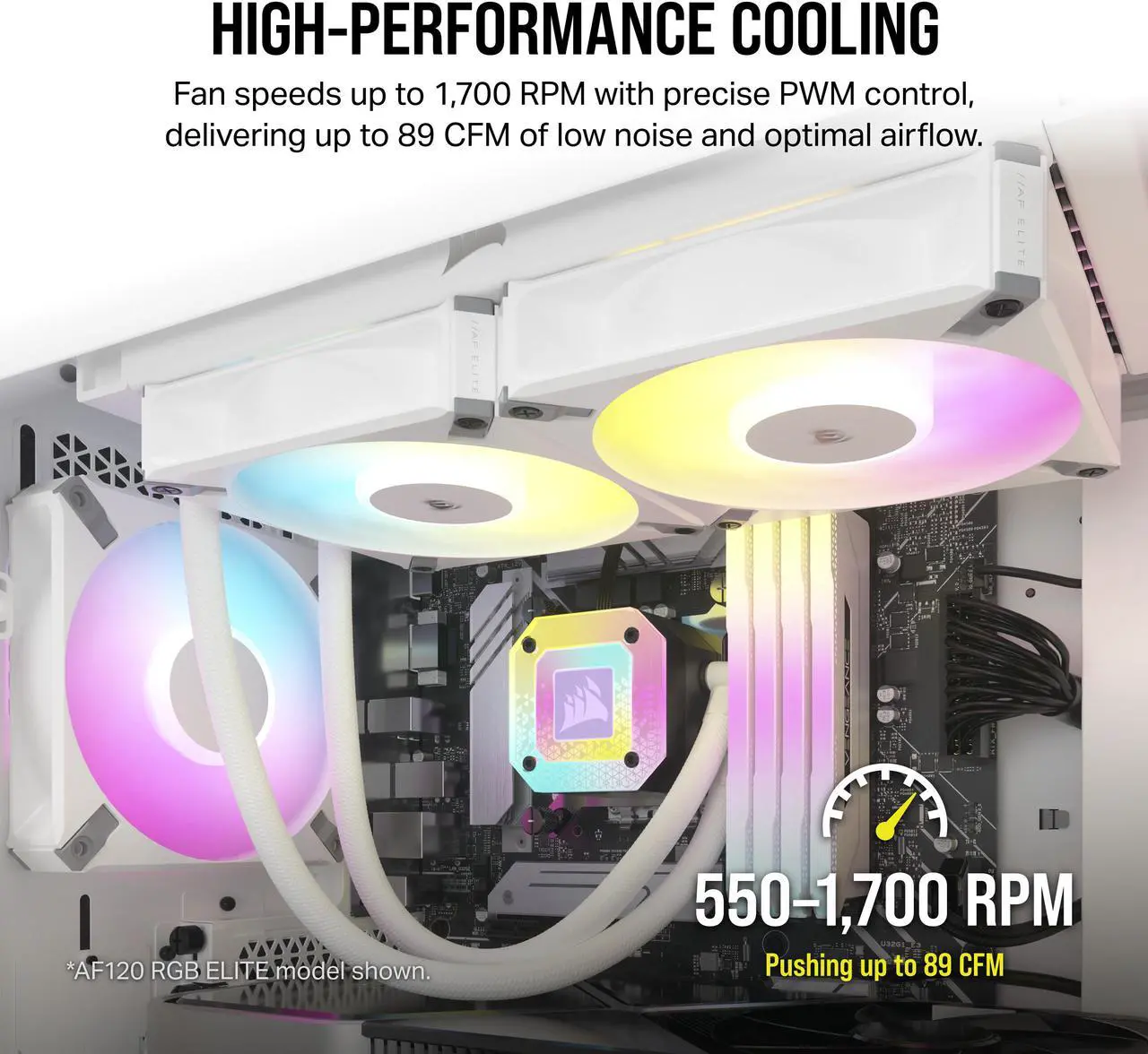 Alt view image 3 of 7 - CORSAIR iCUE AF140 RGB ELITE 140mm PWM Dual Fan Kit - White - Eight RGB LEDs Per Fan - Included iCUE Lighting Node CORE Controller -  AirGuide Technology