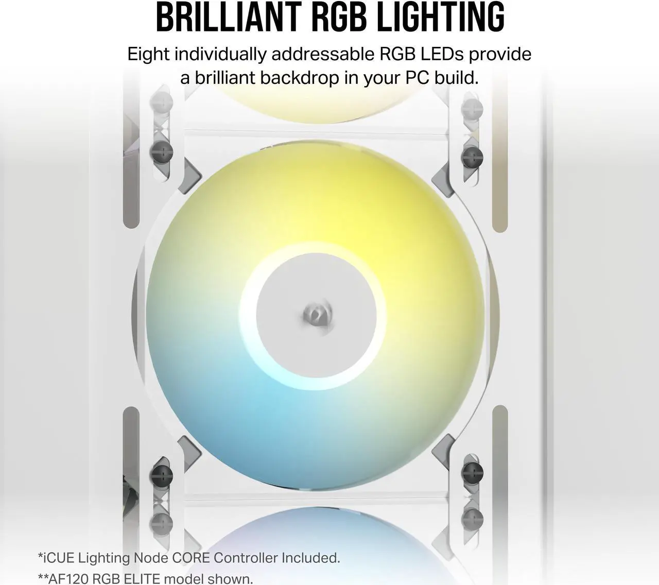 Alt view image 4 of 7 - CORSAIR iCUE AF140 RGB ELITE 140mm PWM Dual Fan Kit - White - Eight RGB LEDs Per Fan - Included iCUE Lighting Node CORE Controller -  AirGuide Technology