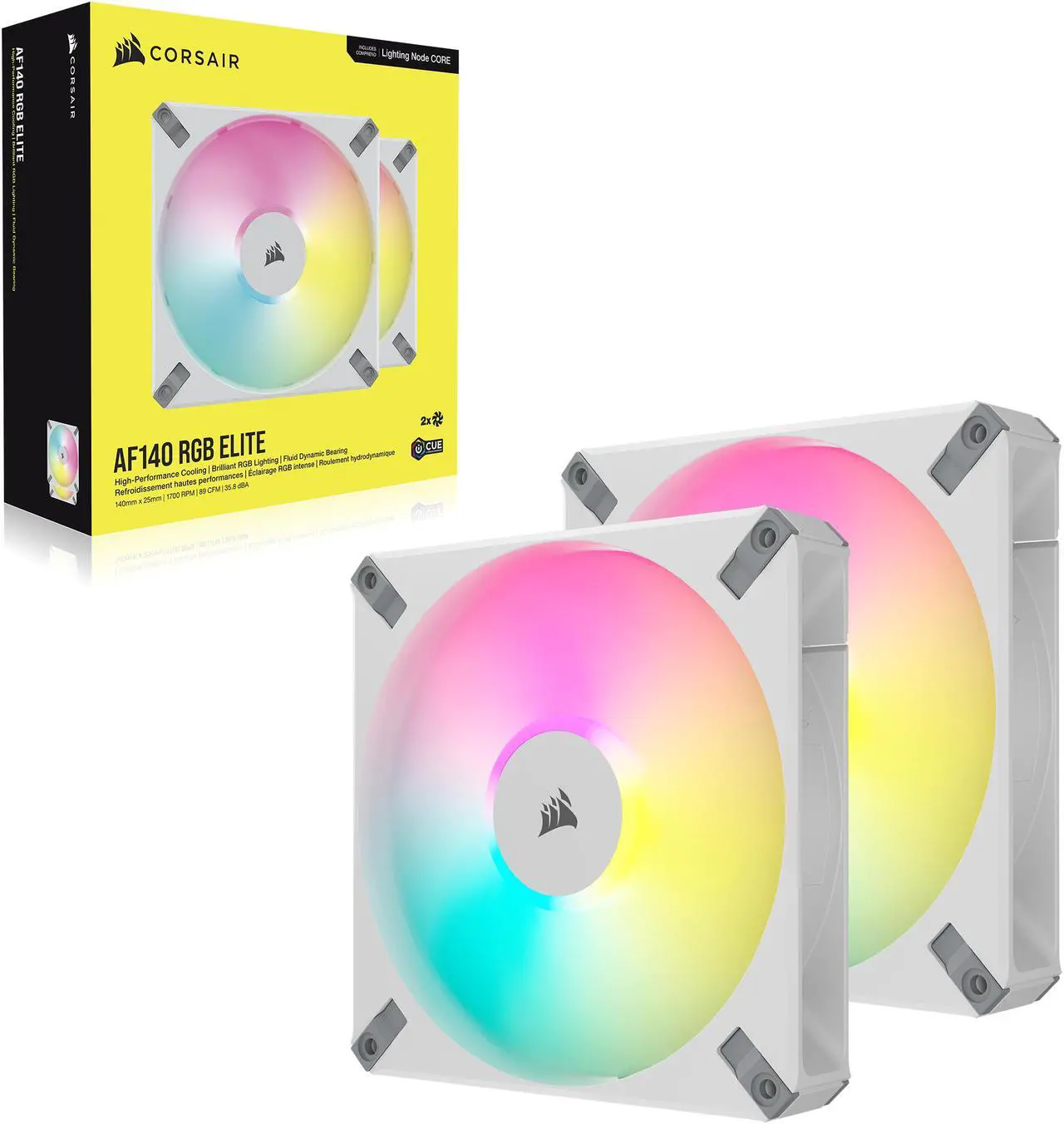 Alt view image 7 of 7 - CORSAIR iCUE AF140 RGB ELITE 140mm PWM Dual Fan Kit - White - Eight RGB LEDs Per Fan - Included iCUE Lighting Node CORE Controller -  AirGuide Technology