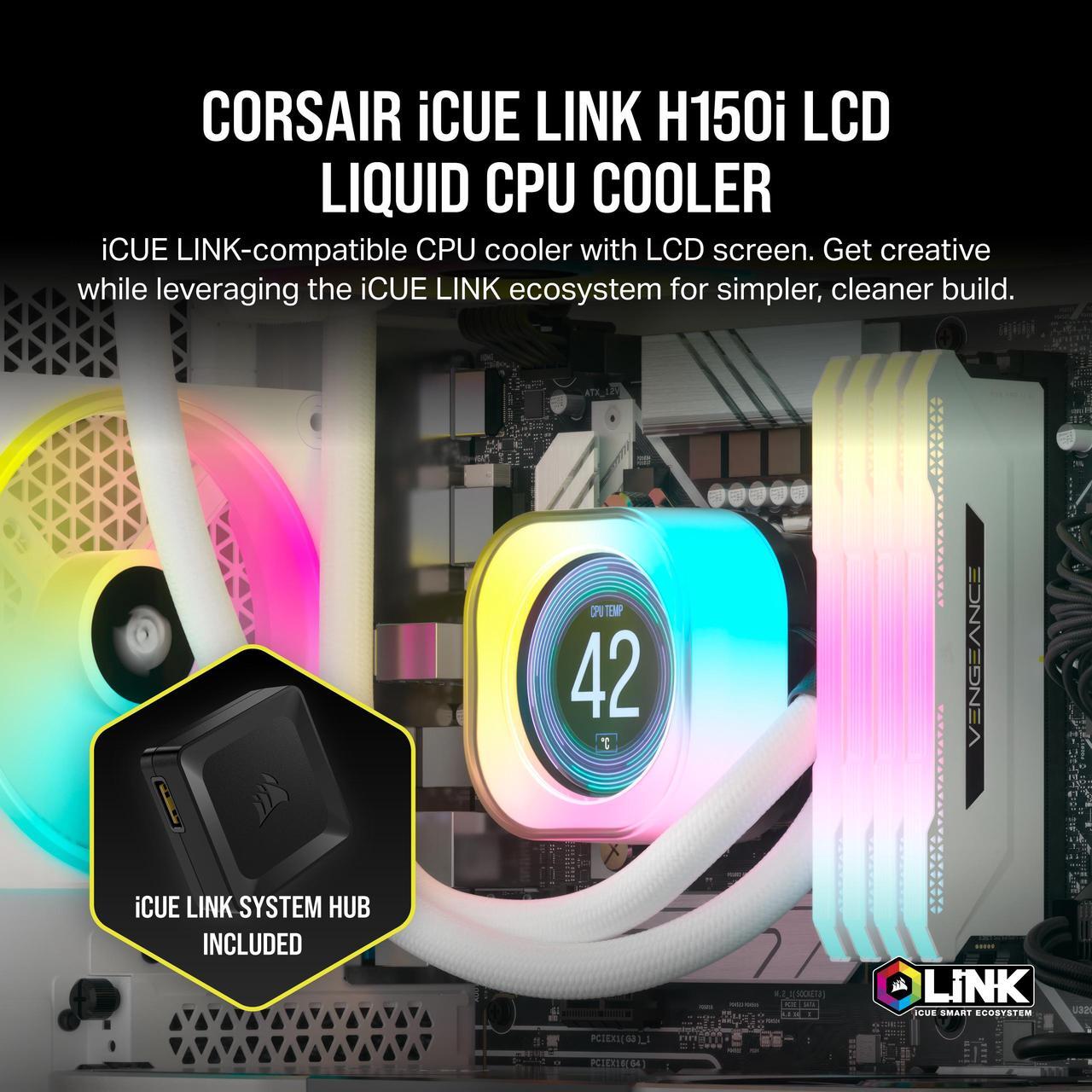 Alt view image 4 of 9 - CORSAIR iCUE LINK H150i LCD Liquid CPU Cooler - QX120 RGB Fans - White - 360mm Radiator - Fits Intel LGA 1851,1700 /AMD AM5 - iCUE LINK System Hub Included