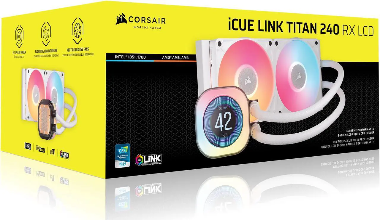 Alt view image 16 of 16 - CORSAIR iCUE LINK TITAN 240 RX LCD Liquid CPU Cooler – White – RX120 RGB Fans – Fits Intel® LGA 1851/1700, AMD® AM5/AM4 – iCUE LINK System Hub Included