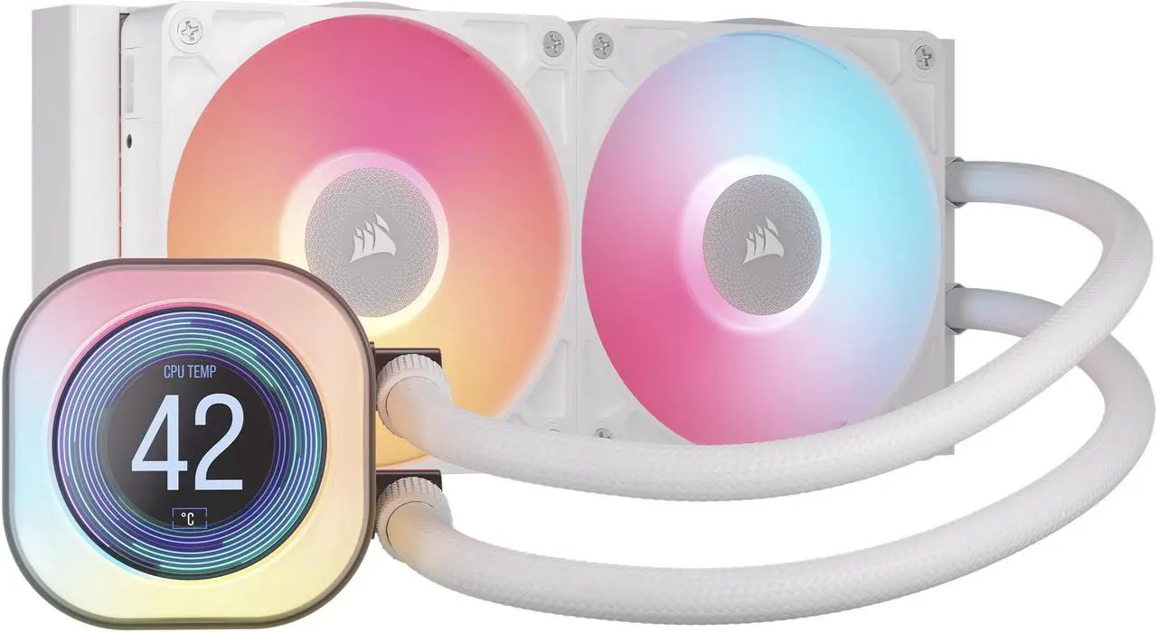 Main image of CORSAIR iCUE LINK TITAN 240 RX LCD Liquid CPU Cooler – White – RX120 RGB Fans – Fits Intel® LGA 1851/1700, AMD® AM5/AM4 – iCUE LINK System Hub Included