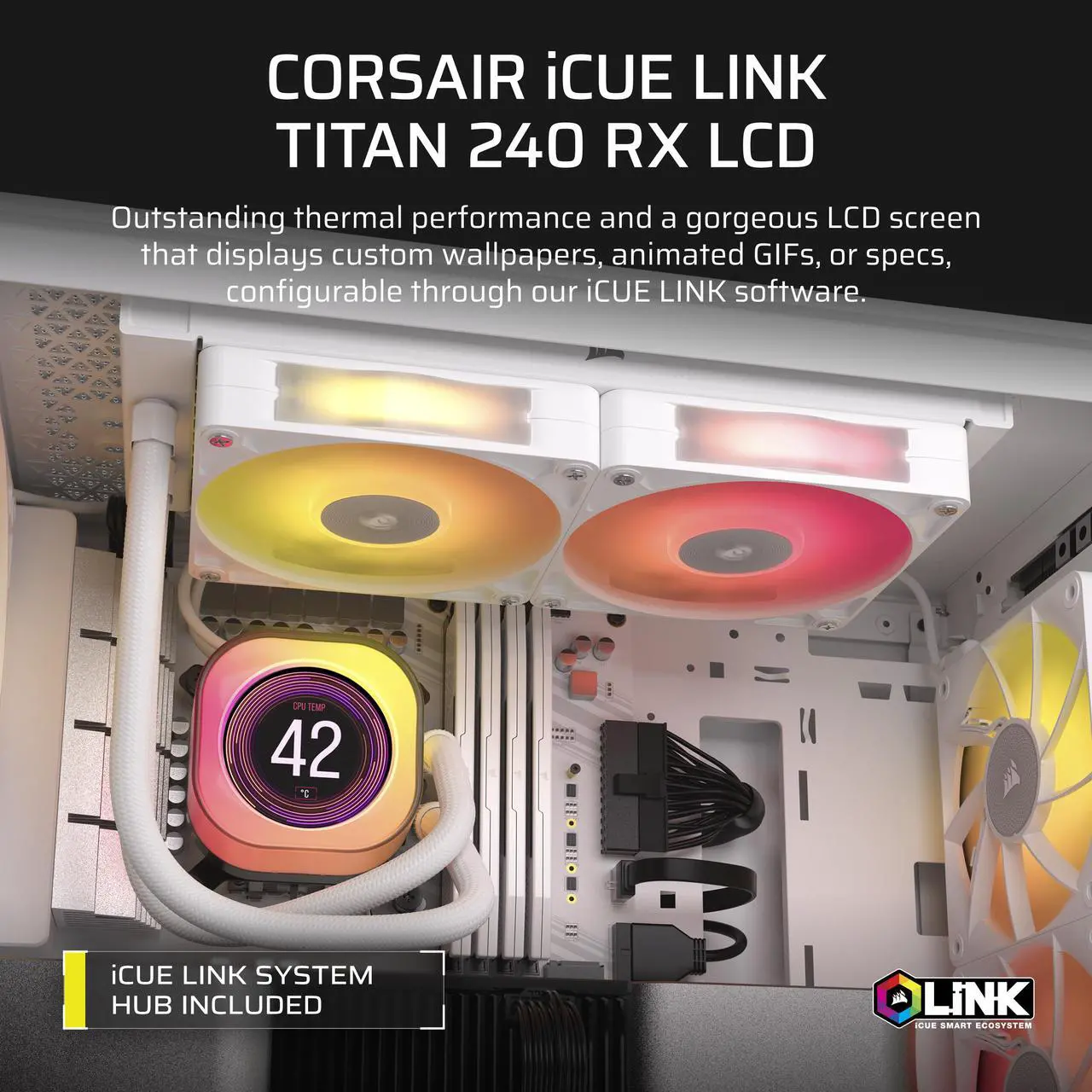 Alt view image 5 of 16 - CORSAIR iCUE LINK TITAN 240 RX LCD Liquid CPU Cooler – White – RX120 RGB Fans – Fits Intel® LGA 1851/1700, AMD® AM5/AM4 – iCUE LINK System Hub Included