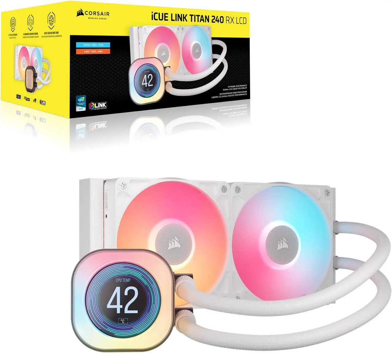 Alt view image 15 of 16 - CORSAIR iCUE LINK TITAN 240 RX LCD Liquid CPU Cooler – White – RX120 RGB Fans – Fits Intel® LGA 1851/1700, AMD® AM5/AM4 – iCUE LINK System Hub Included