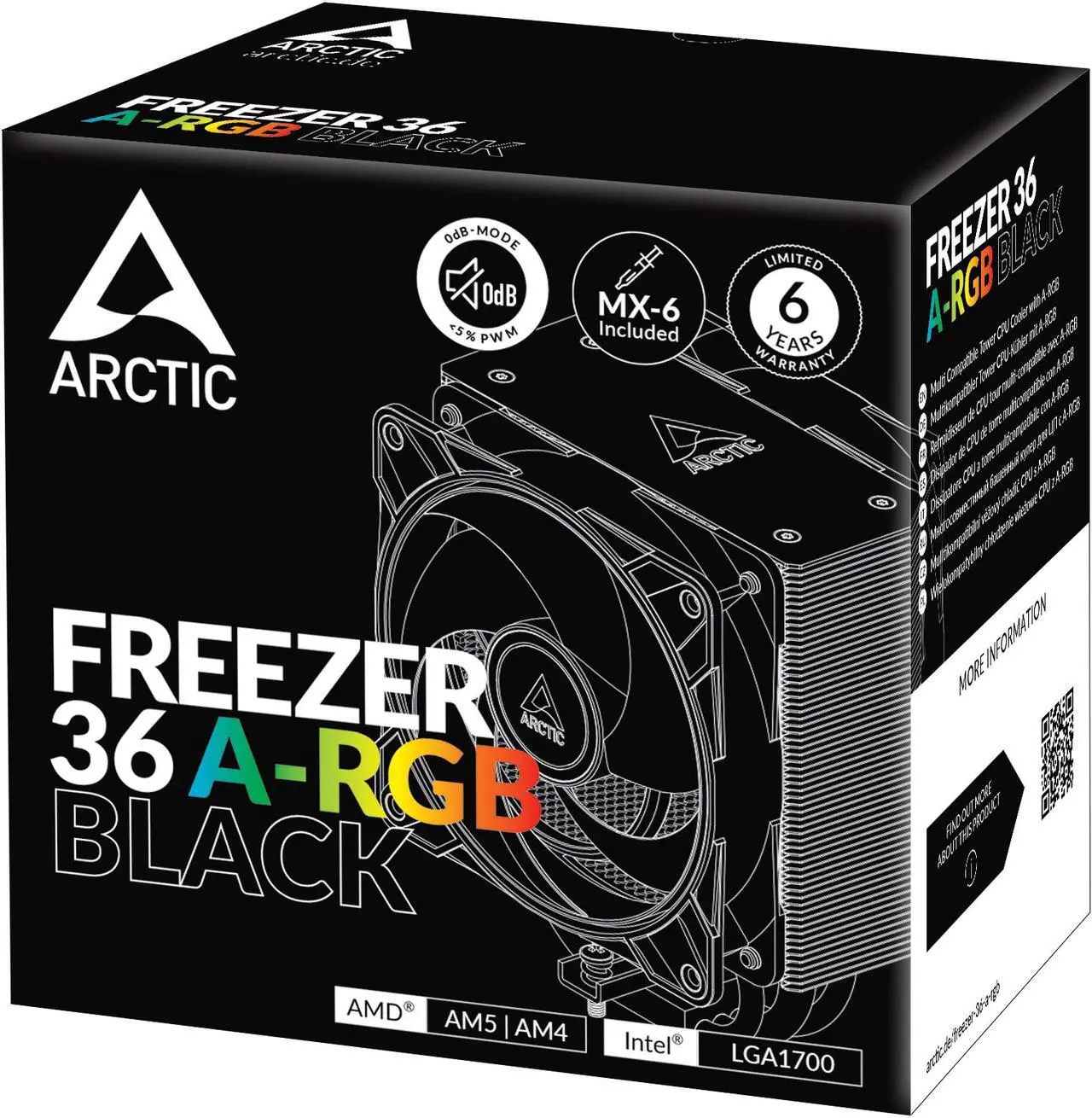 Alt view image 10 of 10 - Freezer 36 A-RGB (Black) – Black CPU Cooler for Intel Socket LGA1700 and AMD Socket AM4, AM5, Direct touch technology, duo 12cm Pressure Optimized Fan with A-RGB lighting in push pull configuration