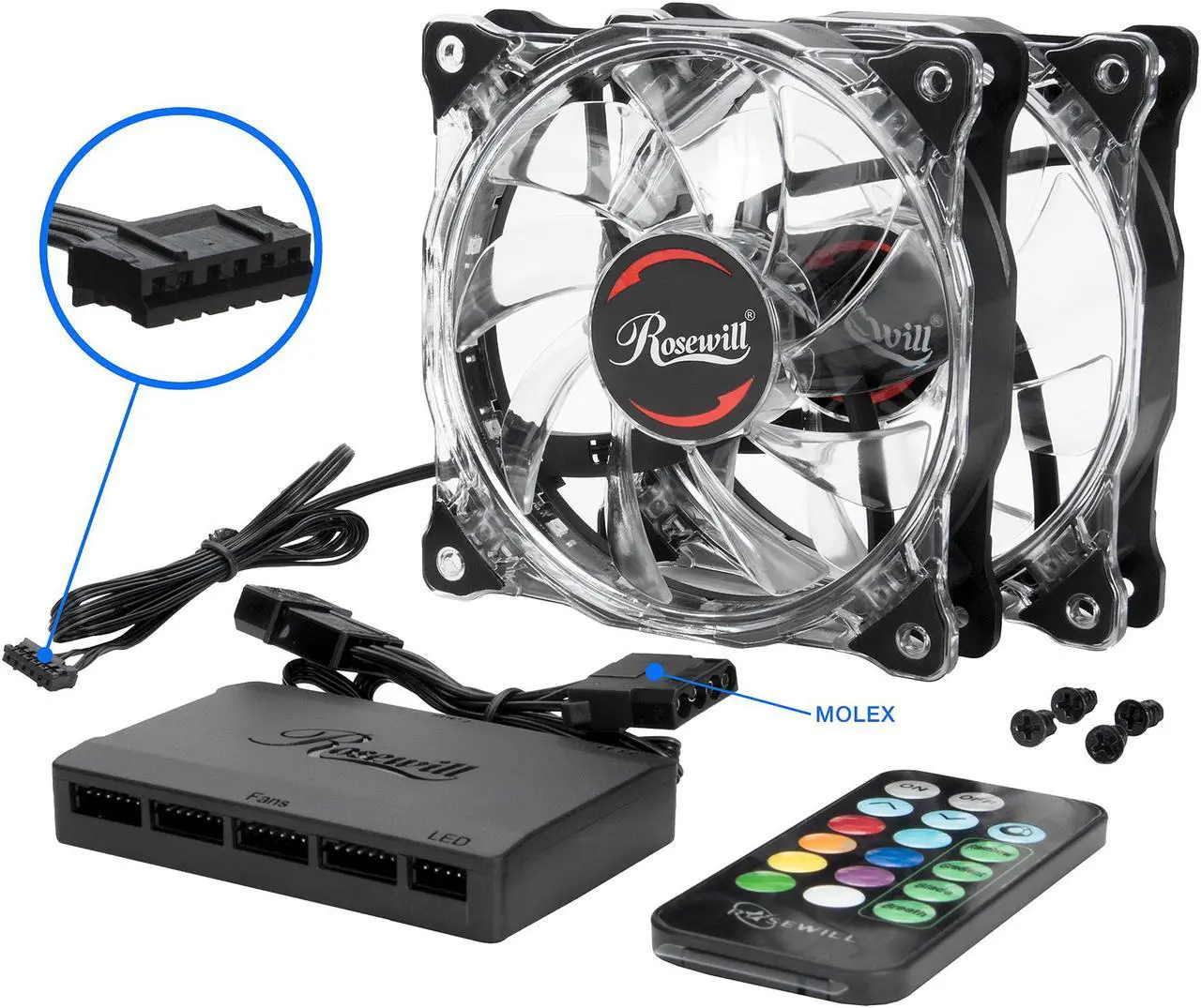 Alt view image 7 of 10 - Rosewill RGB Case Fan Set, 120mm Case Fans with 17-Key Remote Control & 8-Port RGB Fan Hub, 2 x 120 mm RGB Case Fans Set Ultra-Quiet PC Fan Set (2-Pack) - RGBF-17002