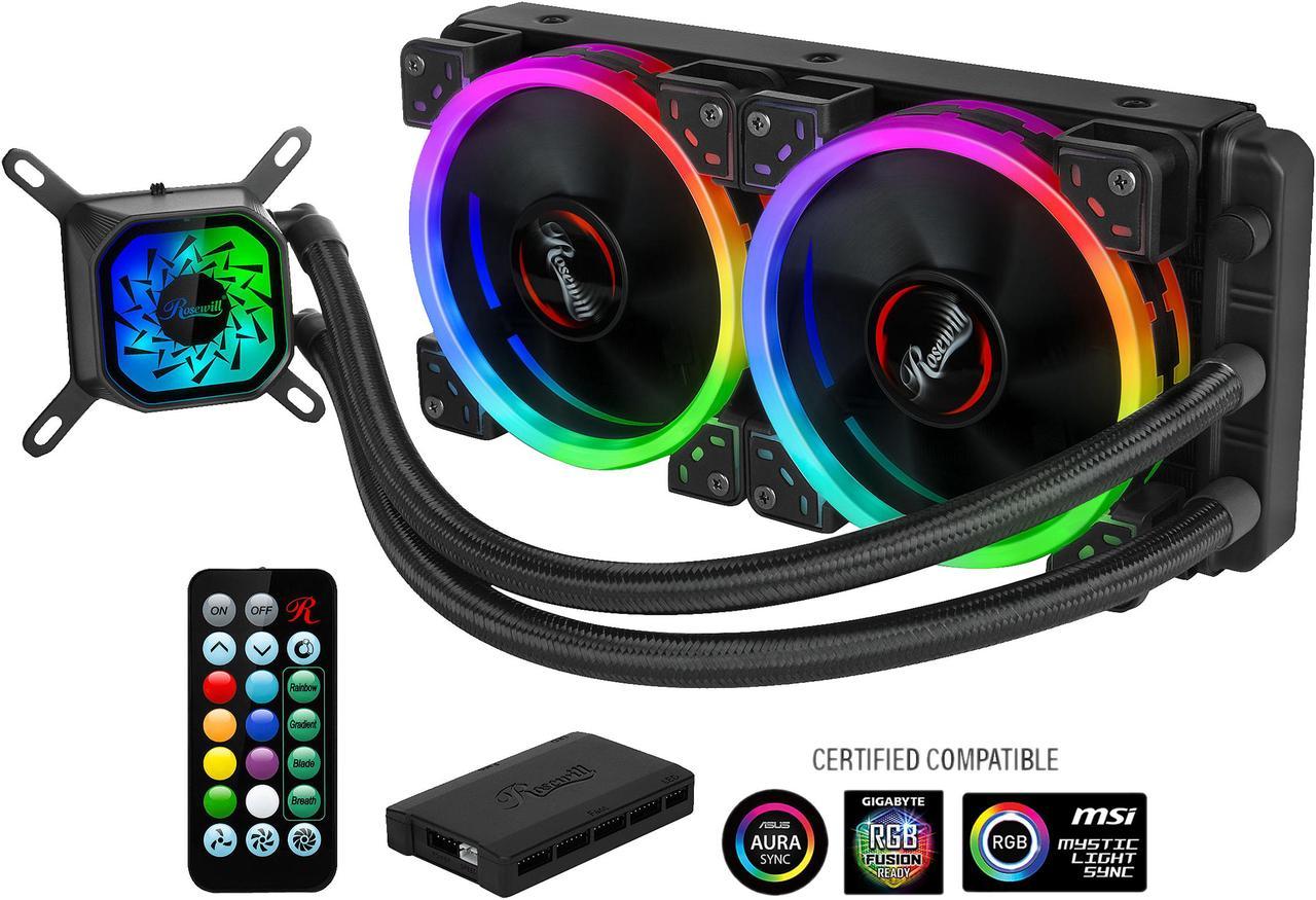 Rosewill RGB AIO 240mm CPU Liquid Cooler, Closed Loop PC Water Cooling, Slim Copper Plate, Quiet Addressable RGB Ring Fans, Remote Control, Intel/AMD Compatible, 400mm Sleeved Tubing - PB240-RGB