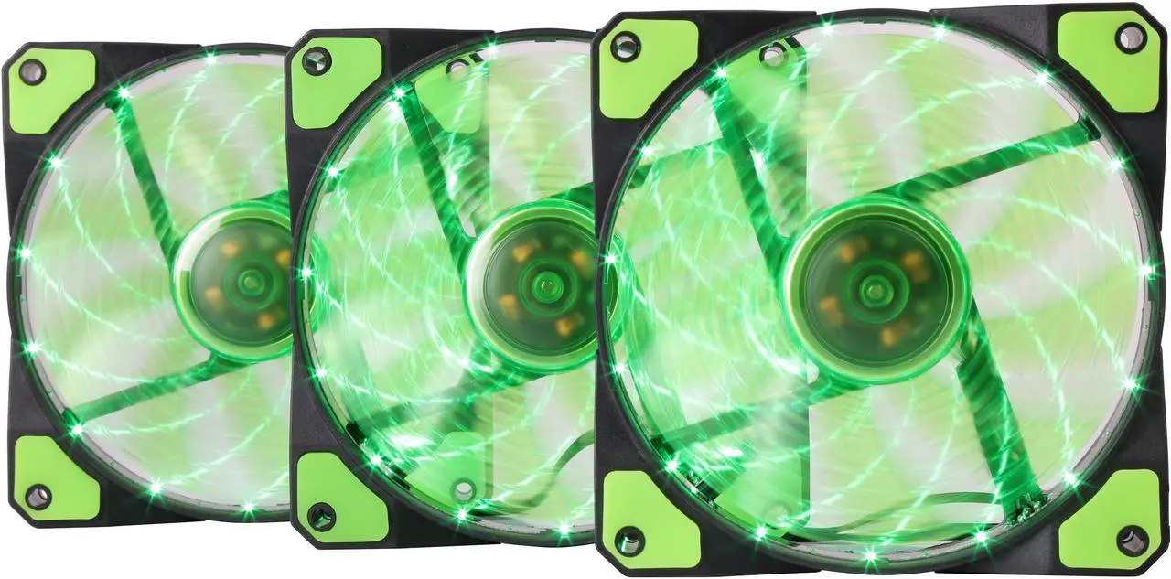 Main image of APEVIA AF312L-SGN 120mm Green LED Ultra Silent Case Fan w/ 15 LEDs & Anti-Vibration Rubber Pads (3-pk)