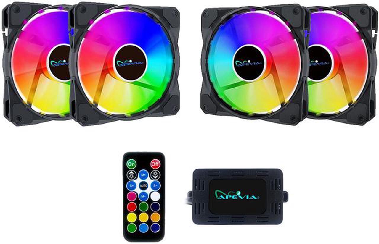 Apevia FR412L-RGB FrostBlade 120mm Silent Addressable RGB Color Changing LED Fan (4 fans) + 4-pin Control Box and RF Remote (4 Pack)