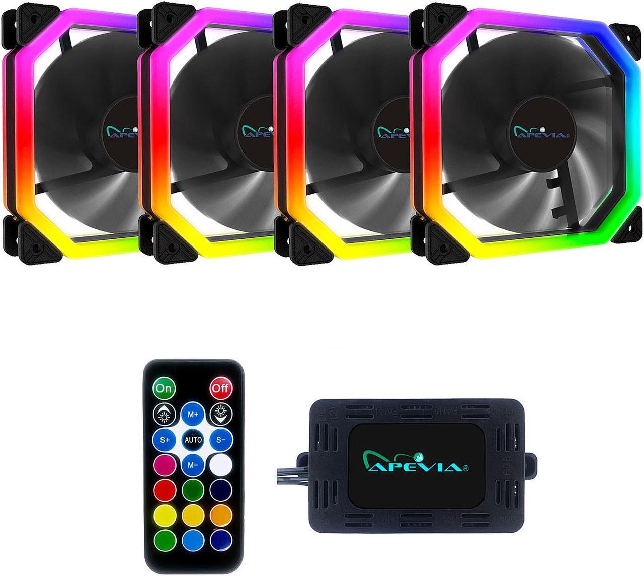 Apevia Phoenix PH412L-RGB 120mm Silent Addressable RGB Color Changing LED Fan (4 Fans) + 4-pin Control Box and RF Remote (4 Pack)