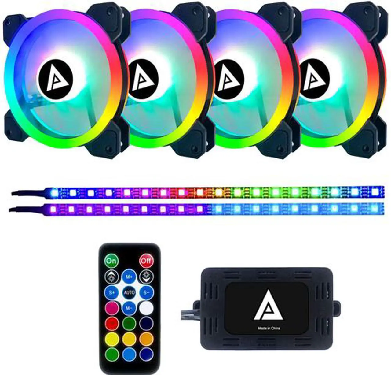 Main image of APEVIA Twilight TL412L2S-RGB 120mm Silent Addressable RGB Color Changing LED Fan (4 Fans) + 2 X Color Changing Magnetic Led Strips & 4-pin Control Box and RF Remote (4 + 2 Pack)