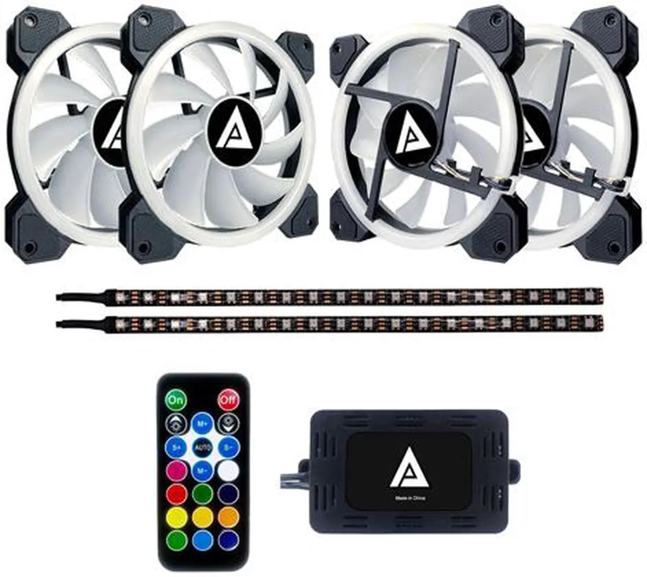 Alt view image 2 of 5 - APEVIA Twilight TL412L2S-RGB 120mm Silent Addressable RGB Color Changing LED Fan (4 Fans) + 2 X Color Changing Magnetic Led Strips & 4-pin Control Box and RF Remote (4 + 2 Pack)