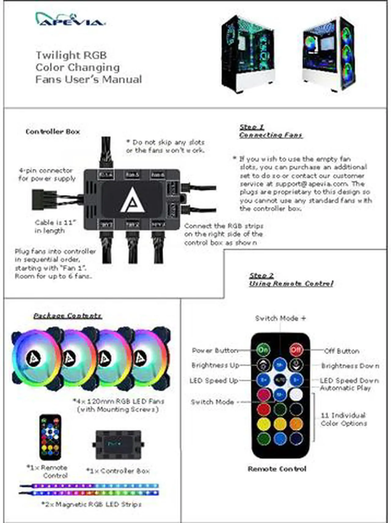 Alt view image 4 of 5 - APEVIA Twilight TL412L2S-RGB 120mm Silent Addressable RGB Color Changing LED Fan (4 Fans) + 2 X Color Changing Magnetic Led Strips & 4-pin Control Box and RF Remote (4 + 2 Pack)