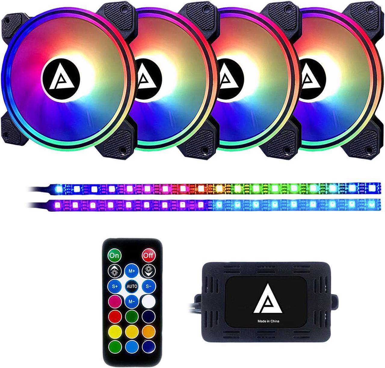 Apevia Electro ET42-RGB 120mm Silent Addressable RGB Color Changing LED Fan (4 fans) + 2 x Color Changing Magnetic LED Strips & 4-pin Control Box and RF Remote (4 + 2 Pack)