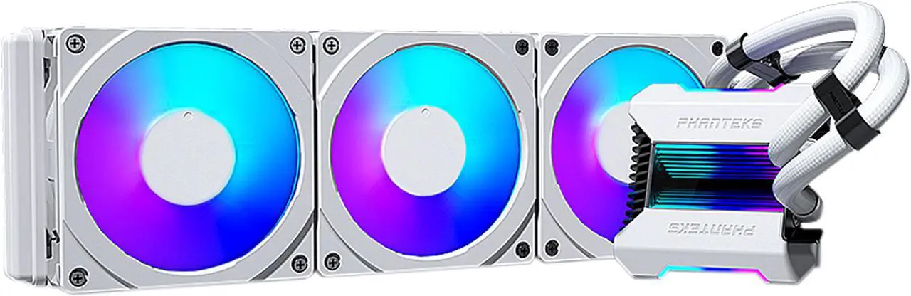 Main image of Phanteks Glacier One 360MPH D-RGB AIO Liquid CPU Cooler, Infinity Mirror Pump Cap Design, 3x Silent 120mm MP PWM Fans, 3x D-RGB Halos Fan Frames, White, LGA 1700 Bracket included