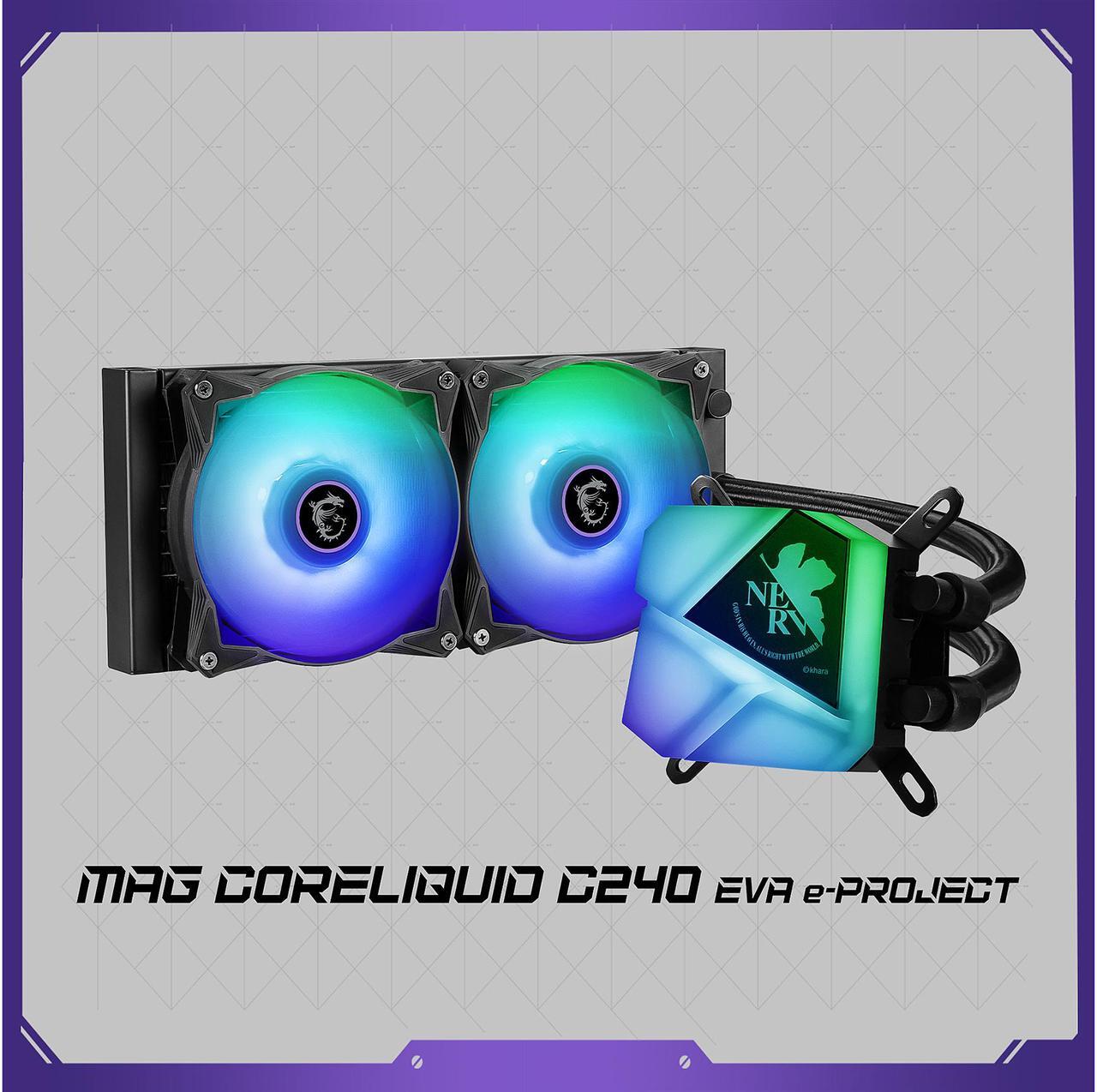 Main image of MSI MAG Core Liquid C240 EVA e-PROJECT AIO Liquid CPU Cooler, 240mm Radiator, Dual 120mm PWN Fans, ARGB lighting controled by software, AM5 Compatible