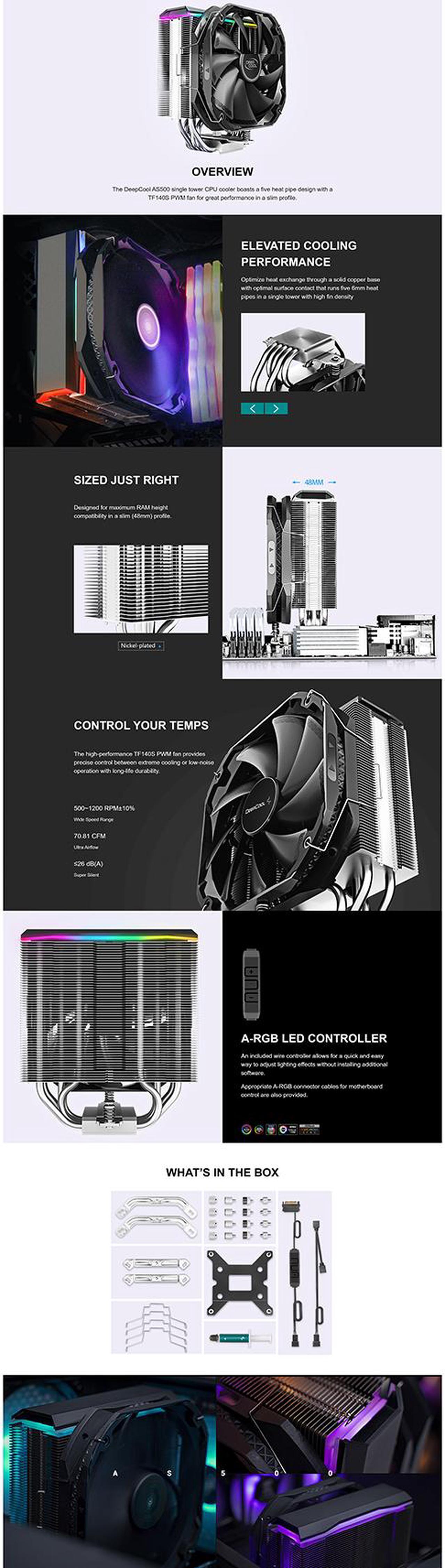 Alt view image 9 of 10 - DeepCool AS500 CPU Air Cooler, Universal RAM Height Compatibility, 140mm PWM Fan, A-RGB Top Cover, 5 heat pipe design for Intel Core/AMD Ryzen CPUs