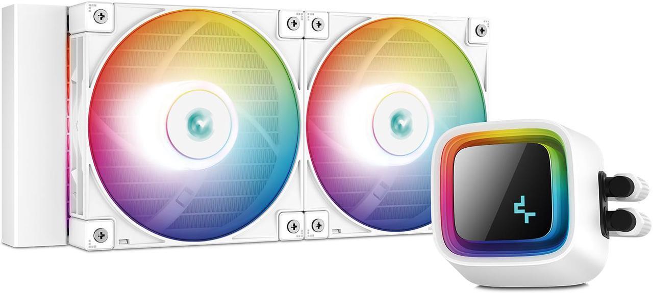 Main image of DeepCool LS520 WH Premium Liquid CPU Cooler, Intel LGA 1700/1200/115x AMD AM5/AM4, 240mm Radiator, 2x120mm A-RGB PWM Fan, Infinity Mirror Cap Design, Customizable Logo Plate, 5V A-RGB Software Control, White