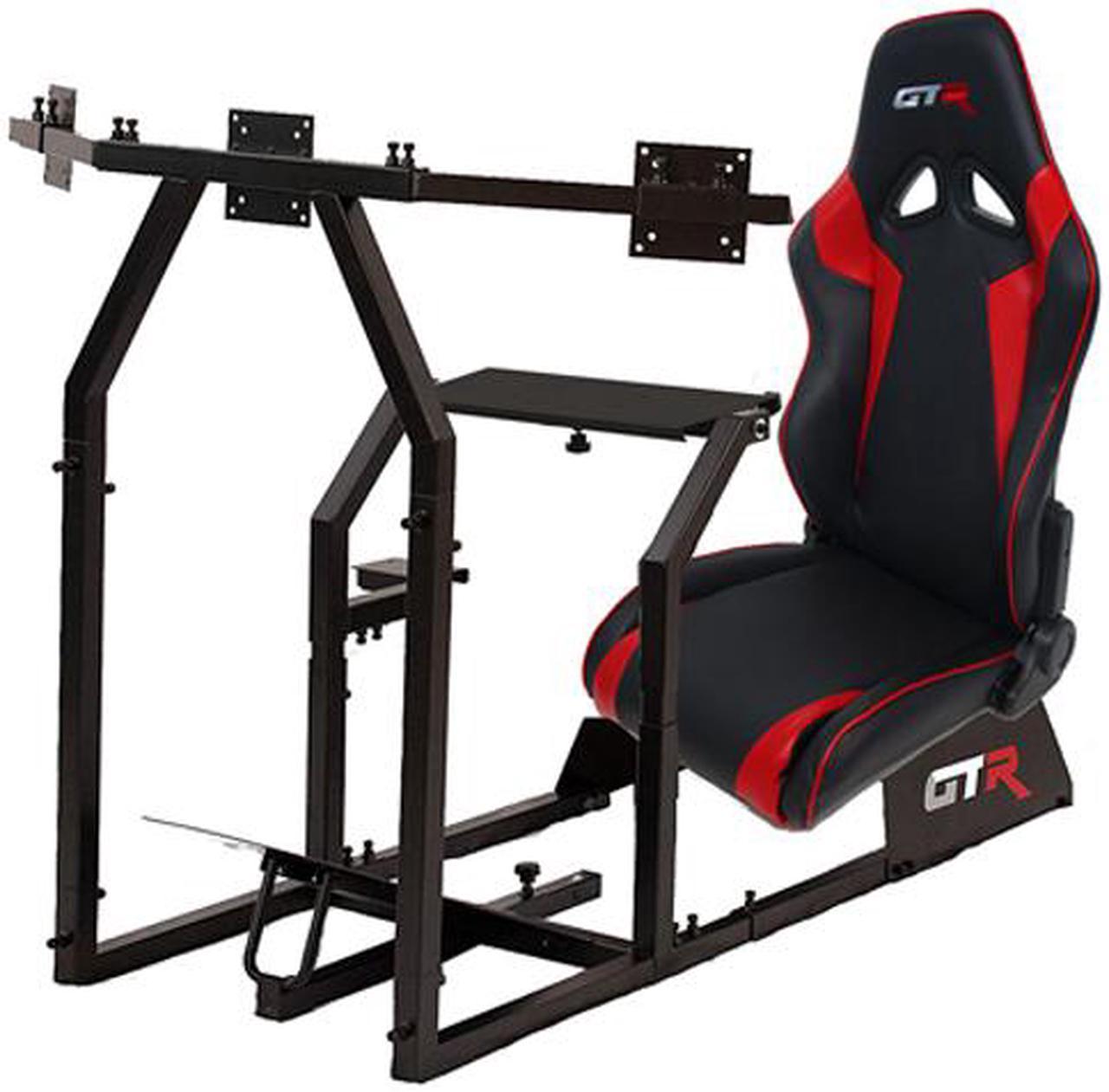 GTR Simulator GTA-F Model (Black) Triple or Single Monitor Stand with Black/Red Adjustable Leatherette Seat, Racing Gaming Driving Simulator Cockpit chair Triple Monitor Stand