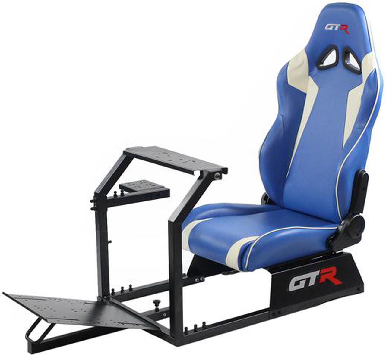 GTR Racing Simulator GTA-BLK-S105LBLWHT GTA Model Black Frame with Blue/White Real Racing Seat, Driving Simulator Cockpit Gaming Chair with Gear Shifter Mount