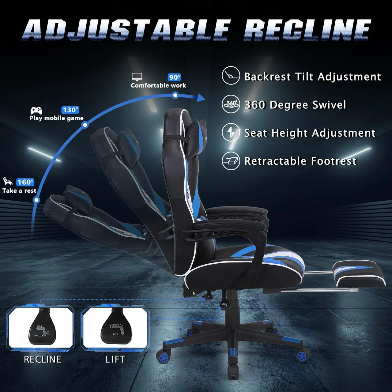 Alt view image 2 of 7 - Zeanus Gaming Chair with Footrest, Recliner Computer Chair for Teens, Gaming Chair with Massage, Ergonomic Gaming Computer Chair, Gaming Desk Chair, Big and Tall Gaming Chairs for Adults (Blue)